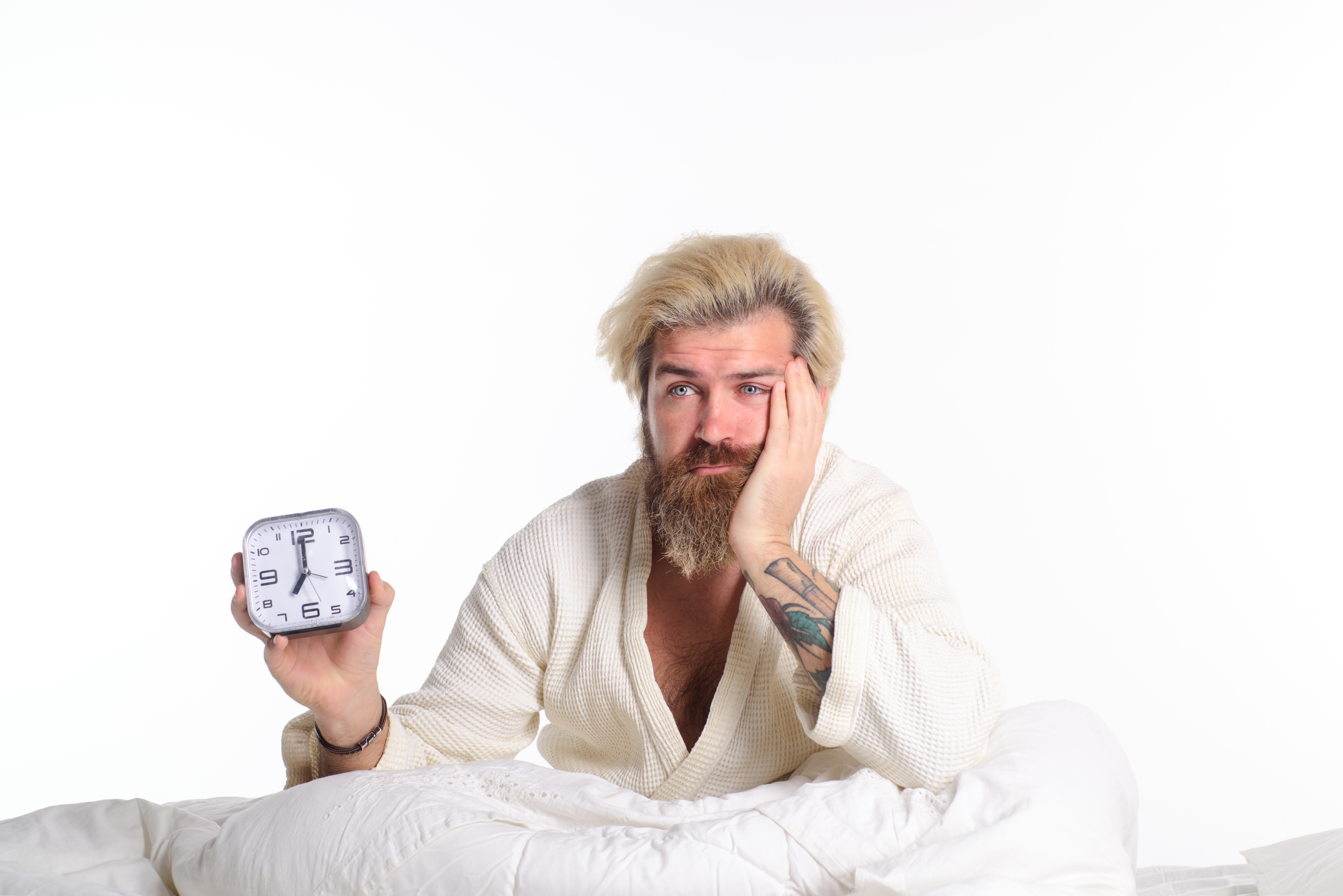 Insomnia.,Tired,Sleepy,Man,With,Clock.,Morning.,Man,In,Bed.